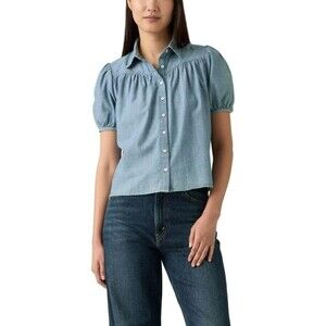 Levi's Women's Lea Short Sleeve Slim Blouse MEDIUM Blue Button Up Collared Neck